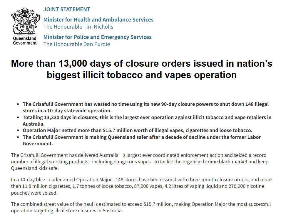 QLD Health 90 day vape shop closure order